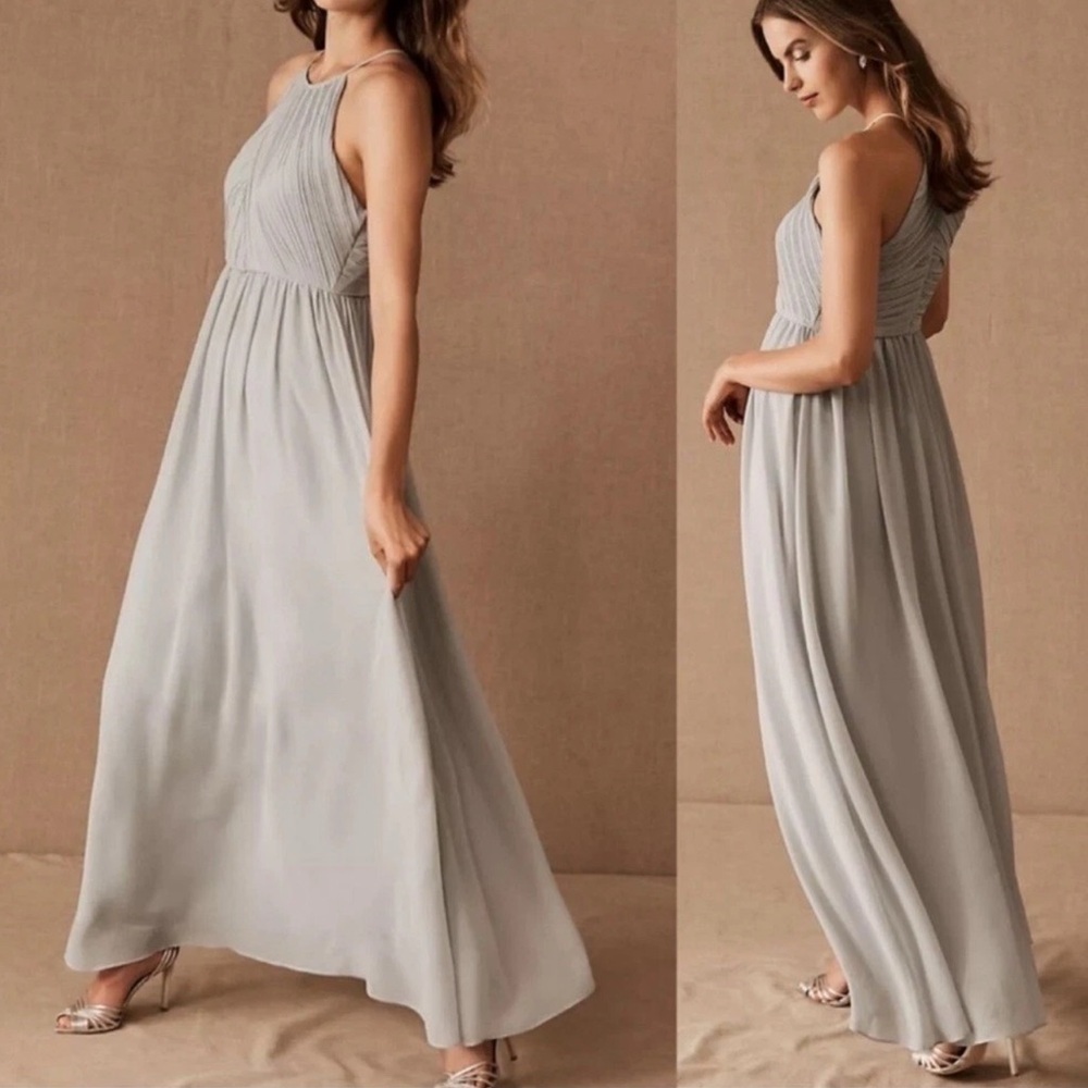 BHLDN Anthro NWT 4 Wedding Madrie Maxi Dress Fog Grey Bridesmaid Halter Chiffon